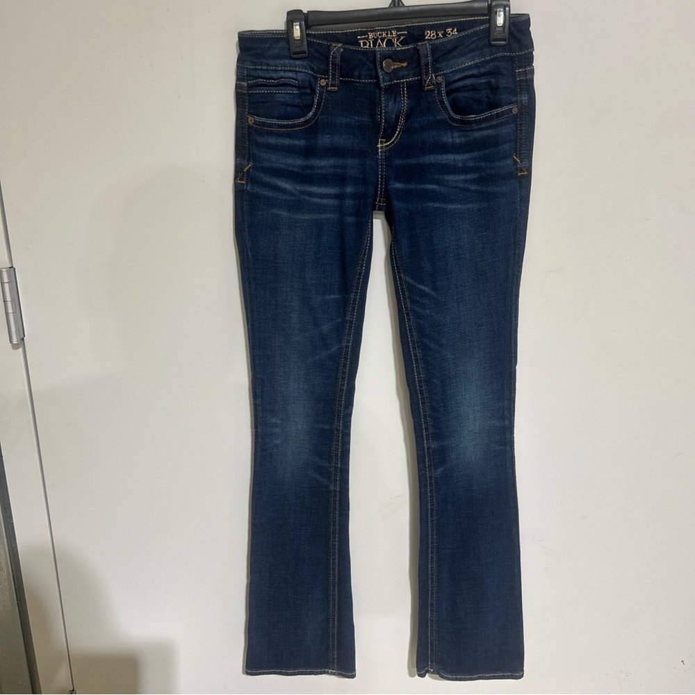 Buckle Black Jeans Fit 76 Boot Cut Womens 28X34 Whiskered DARK Blue Denim JEANS.